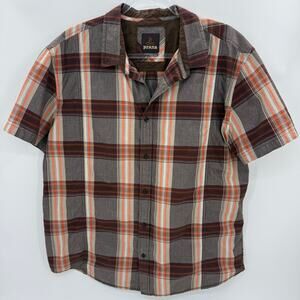 PRANA Organic Cotton Casual Shirt Men Size XL Short Sleeve Button Up Plaid